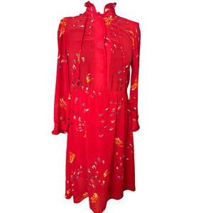 Vintage 70s Red Ruffled Long Sleeve Secretary Abstract Dress Fall Medium Cottage